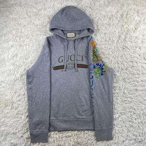 希少XL 1円◎グッチ　GUCCI ドラゴン刺繍　パーカー　グレー　ロゴ　龍　フード　大きいサイズ　シェリーライン　コットン　綿　XL