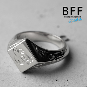 BFF ブランド タートル 印台リング スモール 小ぶり シルバー 18K 銀色 菱形 手彫り 専用BOX付属 (19号)