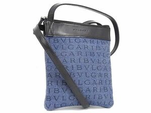 1円 ■美品■ BVLGARI ブルガリ ロゴマニア レザー×キャンバス クロスボディ ショルダーバッグ 斜め掛け メンズ ネイビー系 AZ1121