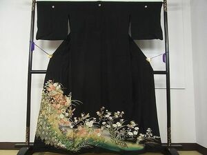 平和屋1■豪華黒留袖　単衣　駒刺繍　扇面草花文　金銀彩　逸品　CAAC4010vf