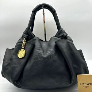 2194 付属品付き 入手困難 ●LOEWE ロエベ ナッパアイレ ハンドバッグ 巾着 アナグラム ロゴ エンボス ブラック ラムレザー ゴールド金具 