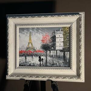 手書き油絵 パリの風景 エッフェル塔 額付 絵画 インテリア 油彩画