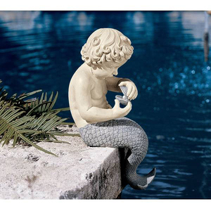 プールサイドの人魚の男の子彫像 彫刻/ ガーデニング 庭園 園芸 プール噴水 アクセント キッチュ(輸入品