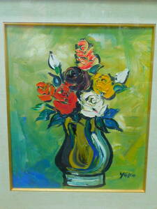 湯浅洋子「薔薇」油彩板絵 １９６９年 ８号サイズ 真作保証/K596