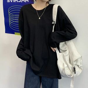 【大人気】ロンT シャツ Tシャツ 長袖 ストリート オーバーサイズ 大きめ ゆるT ビックシルエット Uネック ブラック Mサイズ