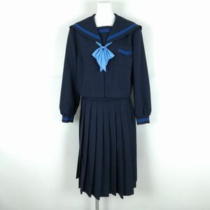 1円 セーラー服 スカート スカーフ 上下3点セット 大きいサイズ 冬物 青2本線 女子 学生服 中学 高校 紺 制服 中古 ランクB NA1891