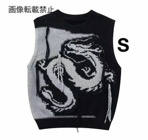 vintage ヴィンテージ レトロ 龍 辰 タツ ドラゴン ニット ベスト トップス Sサイズ レディース★ZARA 好きな方に★2024 早春新作 新品★