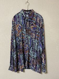 vintage euro print rayon shirt ヨーロッパ古着 フランス古着 長袖シャツ レーヨンシャツ 柄シャツ 総柄 ビンテージ 70s 80s