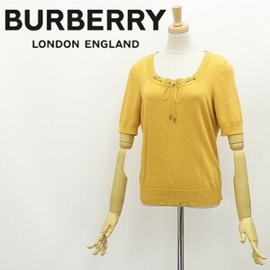 国内正規品◆BURBERRY LONDON バーバリーロンドン シルク混 リネン ロゴ刺繍 リボン 半袖 ニット トップス マスタードイエロー 1