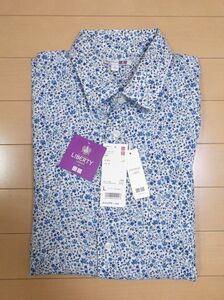 【UNIQLO/ユニクロ】超素敵☆リバティ 限定 コラボ プレミアム リネン 長袖 シャツ 上品 小花柄 ブルー 青 ホワイト 白 メンズ L 新品 即決