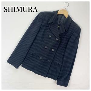 SHIMURA ウールシャケットストライプ ブラック ダブルボタン ９号 M相当 シムラ アウター レディース ウール スーツ ウールコート 黒