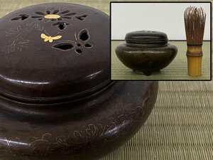 花鳥図象嵌 宣徳銅 三足香炉 香櫨 香道具 骨董品 古美術品 4752sbhzN