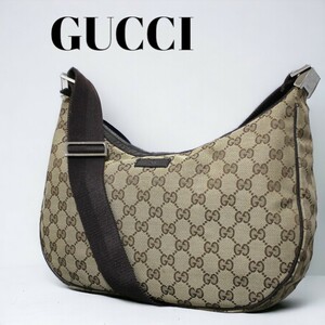 1円 GUCCI グッチ ショルダーバッグ GGキャンバス レザー ブラウン ベージュ 斜め掛け 肩掛け バッグ ハーフムーン インターロッキング GG