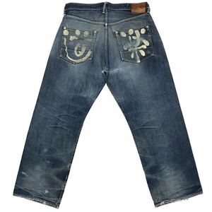 【日本製】EVISU JEANS 2001 NO.2 旧エヴィスジーンズ 道楽プリント ヴィンテージレプリカデニムパンツ W36 インディゴ 色落ち 赤耳 レア