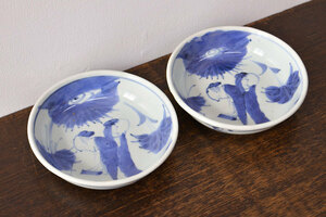 R-052000　江戸期　古伊万里　染付仙人図　なます皿2枚セット(中皿、和食器)(R-052000)