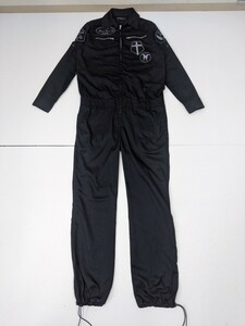 18．BLACK Bacca ワッペン クロスボーン オールドイングリッシュ アーチロゴデザイン つなぎ　オールインワン ジャンプスーツ メンズL y406