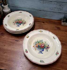 ドイツアンティーク VILLEROY&BOCH METTLACH 花リム パスタプレート 5枚セット 深皿 花柄 ビレロイ&ボッホ maid in saar basin