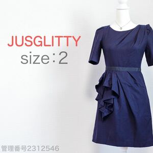 【送料無料】JUSGLITTY(ジャスグリッティー)ウエストマーク　フリルリボン　ハーフスリーブひざ丈ワンピース　ダークネイビー　ドレス　M