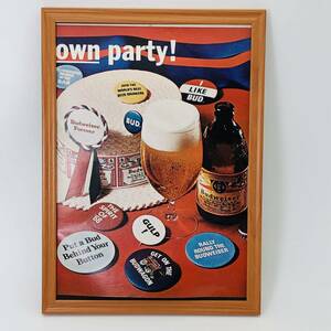 『 バドワイザー　ビール (Budweiser Beer) 』ビンテージ 広告　60年代　フレーム 付 ポスター 当時物 額付 LIFE 雑誌 アンティーク