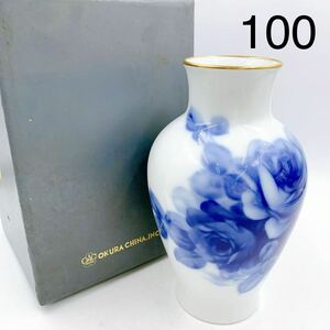 5AC020 大倉陶園 OKURA CHINA ブルーローズ 花瓶 花器 花生 中古 現状品