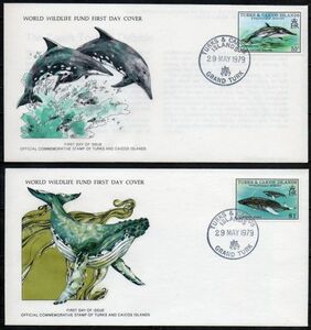 FDC B989 タークス・カイコス諸島 絶滅危惧種 鯨 クジラ イルカ 2V貼り(2通組) 1979年発行 初日カバー