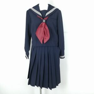 1円 セーラー服 スカート スカーフ 上下3点セット 大きいサイズ 冬物 白3本線 女子 学生服 中学 高校 紺 制服 中古 ランクC NA0871