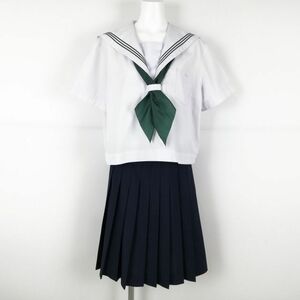 1円 セーラー服 スカート スカーフ 上下3点セット 大きいサイズ 特大 夏物 緑3本線 女子 学生服 中学 高校 白 制服 中古 ランクC NA5162