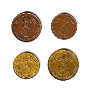 ドイツ 第三帝国　(鉤十字) - 1, 2, 5, 10 ライヒスペニヒ/青銅貨 黄銅貨★ZD-13