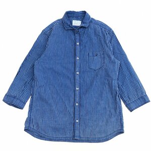 NICOLE CLUB FOR MEN ニコル 藍染め ホリゾンタルカラー ギンガムチェック シャツ 48(L) 紺系 ネイビー系 7分袖 国内正規品 メンズ 紳士