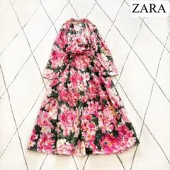 【美品】ZARA フラワーロングワンピース ポケット付き 総柄 ウエストリボン