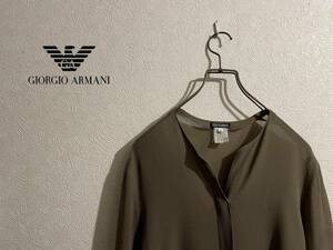 ◯ イタリア製 Vintage GIORGIO ARMANI ノーカラー シルク ブラウス / ジョルジオ アルマーニ ローン シャツ ブラウン 38 Ladies #Sirchive