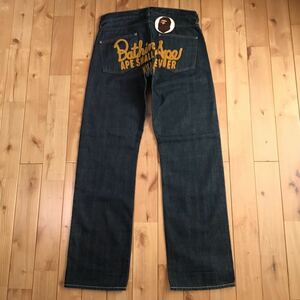 ★美品★ BAPE champion 刺繍 デニム パンツ Mサイズ a bathing ape BAPE head denim pants エイプ ベイプ アベイシングエイプ i056