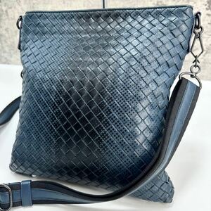 ◆美品◆希少デザイン●BOTTEGA VENETA ボッテガヴェネタ ショルダーバッグ イントレチャート レザー 斜め掛け メンズ ネイビー 本革 