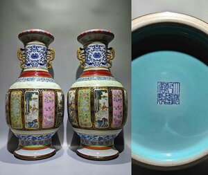 ■観心・時代旧蔵■C6635大清乾隆年製 粉彩磁母大賞瓶一対・時代物・古陶磁・古賞物・旧家買出品