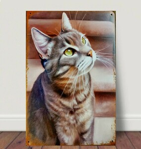 ブリキ看板　HANAKO　レトロ　猫の看板　P18　トラ猫　ウェルカムボード　保護猫