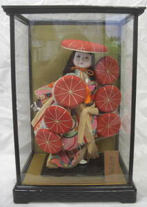 日本人形時代物コレクション「七つ笠」:ガラスケース入中古ビンテージ品R050424