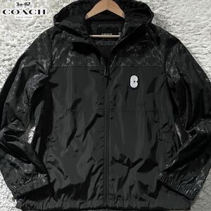 極美品/L相当●COACH コーチ マウンテンパーカー ナイロン ジップジャケット シグネチャー切替 CC 総柄 軽量 撥水 Cロゴワッペン C8104 黒