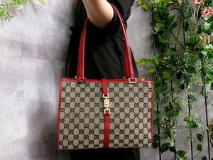 超美品●GUCCI グッチ●ジャッキー●GGキャンバス カーフ レザー 本革●ショルダー トート バッグ●赤 ベージュ ネイビー●G金具●Js46184