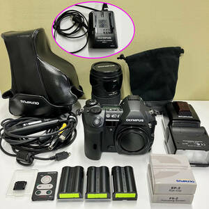【現状品】OLYMPUS E-1　ブラック デジタル一眼レフカメラ　ボディ+レンズ+フラッシュ+バッテリー等セット　一部動作確認済み