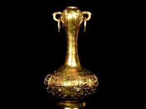 「戦國時期 青銅器彫 塗金銘文青銅双環頭瓶」青銅器 置物擺件 賞物 中国古美術 旧蔵出