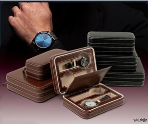 腕時計収納ケース 茶 4本収納 腕時計保管ボックス ウォッチケース レザーケース ウォッチボックス ファスナー式 携帯用 旅行 防水 耐衝撃