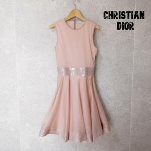 美品 Christian Dior クリスチャンディオール サイズ40 ノースリーブ フレア ワンピース シルク スパンコール チュール ピンク