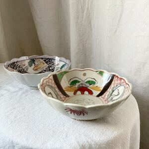 当時物 時代物 可愛い 古い 鉢 2点 お皿 / 検 赤絵 色絵 和食器 陶器製 工芸品 染付