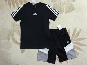 送料込み!!★新品★adidasアディダス★140★半袖Ｔシャツ(ブラック/黒)・快適素材!!ジャージハーフパンツ(黒/グレー/白)★上下★即決