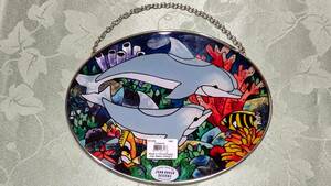 2004年 joan baker ジョン・ベーカー MO439 1460 Dolphins イルカ　ハンドペイント ステンドグラス風 壁掛け（18×13.5㎝148g）