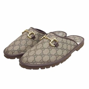 GUCCI グッチ 655571 GGスプリーム ホースビット キャンバス スリッパ ブラウン系 8【新古品】【未使用】【中古】