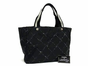 1円 ■美品■ CHANEL シャネル 旧トラベルライン ナイロン トートバッグ ハンドバッグ レディース ブラック系 BL0007