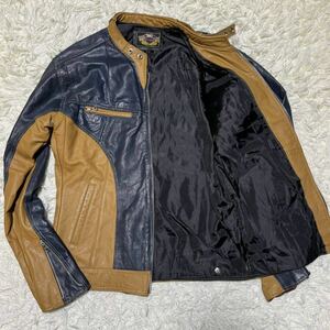 極美品 Lサイズ HARLEY DAVIDSON ハーレーダビッドソン レザー ライダースジャケット シングル バイカラー ネイビー ブラウン 羊革 ラム