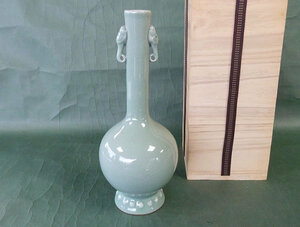 朝鮮青磁花瓶　韓国青磁花瓶　象耳一輪瓶　世昌陶芸研究所　金世龍作　新品