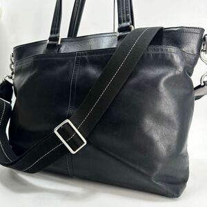 美品◆COACH ●コーチ 2way ショルダーバッグ ビジネス トートバッグ 斜め掛け 肩掛け レザー 大容量 メンズ 黒 本革 A4 PC 通勤 黒